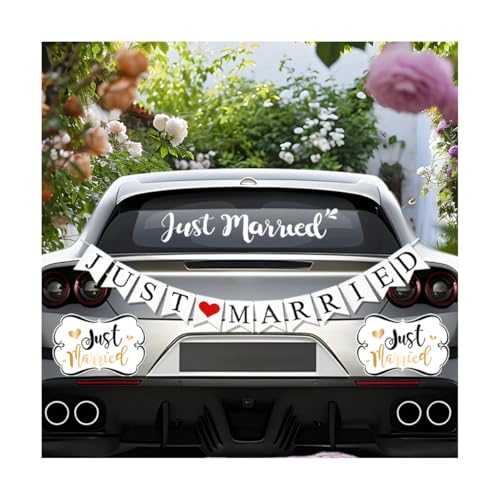 Image of Zpana Just Married Wedding Car Decorations, 2PCS Wedding Day Vehicle Magnets, 1PC Window Decals and Sign Banner, Automotive Tailgate Door Ornate Decer for Honeymoon