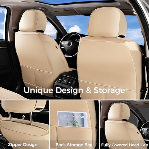 Image of Huidasource Beige Front Seat Covers, Leather Car Seat Covers Front Seats, Driver Seat Cover Waterproof, Airbag Compatible, Universal Fit for Most Cars, Vans, Trucks, SUVs (Front Pair /Beige)