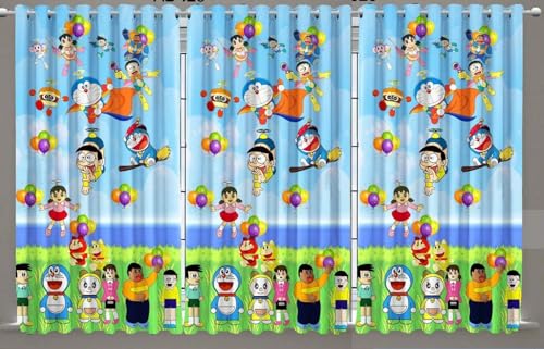 Image of Digital Printed Doremon Cartoon Curtains for Play School /Kids Room /Boys Room Parde, 4x9 feet Long Set of 3 Pc