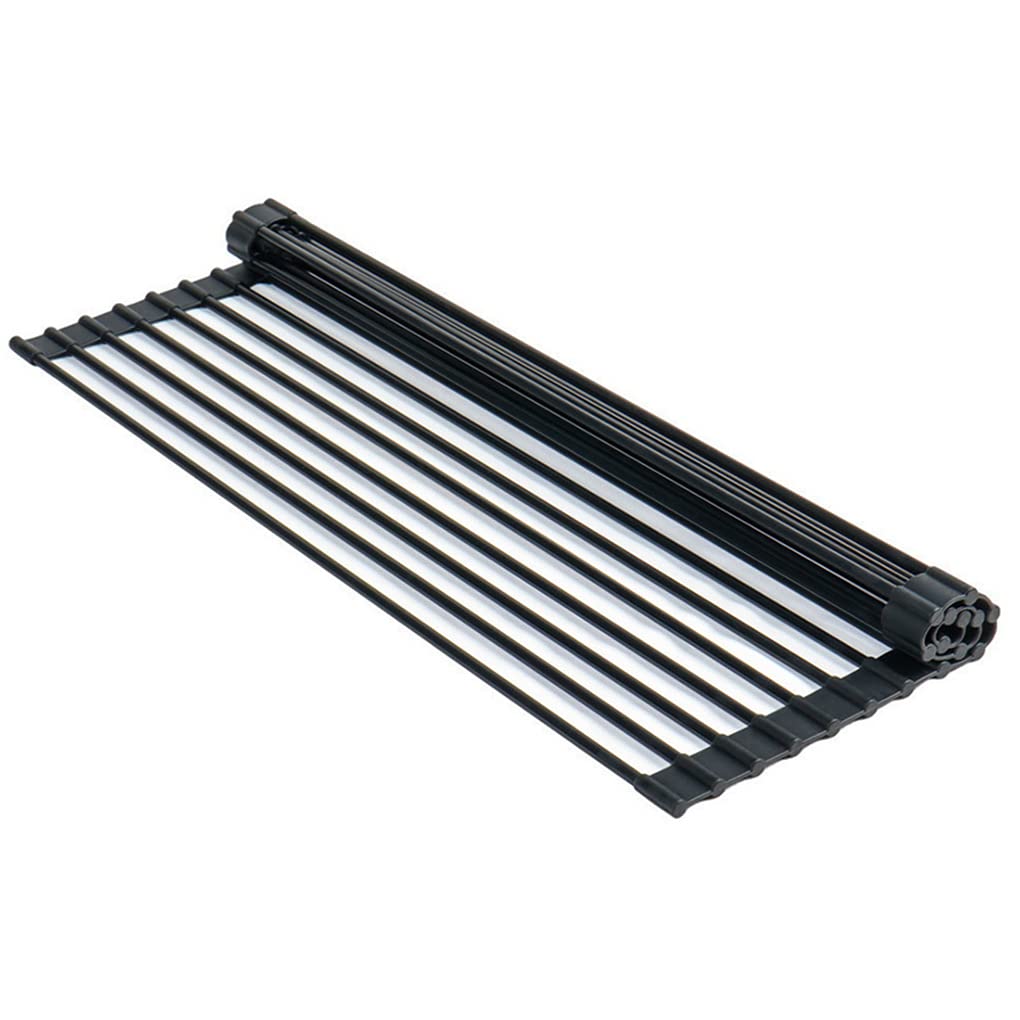 Escurridor de platos enrollable sobre el fregadero. Escurridor de cocina plegable, barra de acero inoxidable totalmente cubierta de silicona, resistente al calor, rejilla antideslizante para