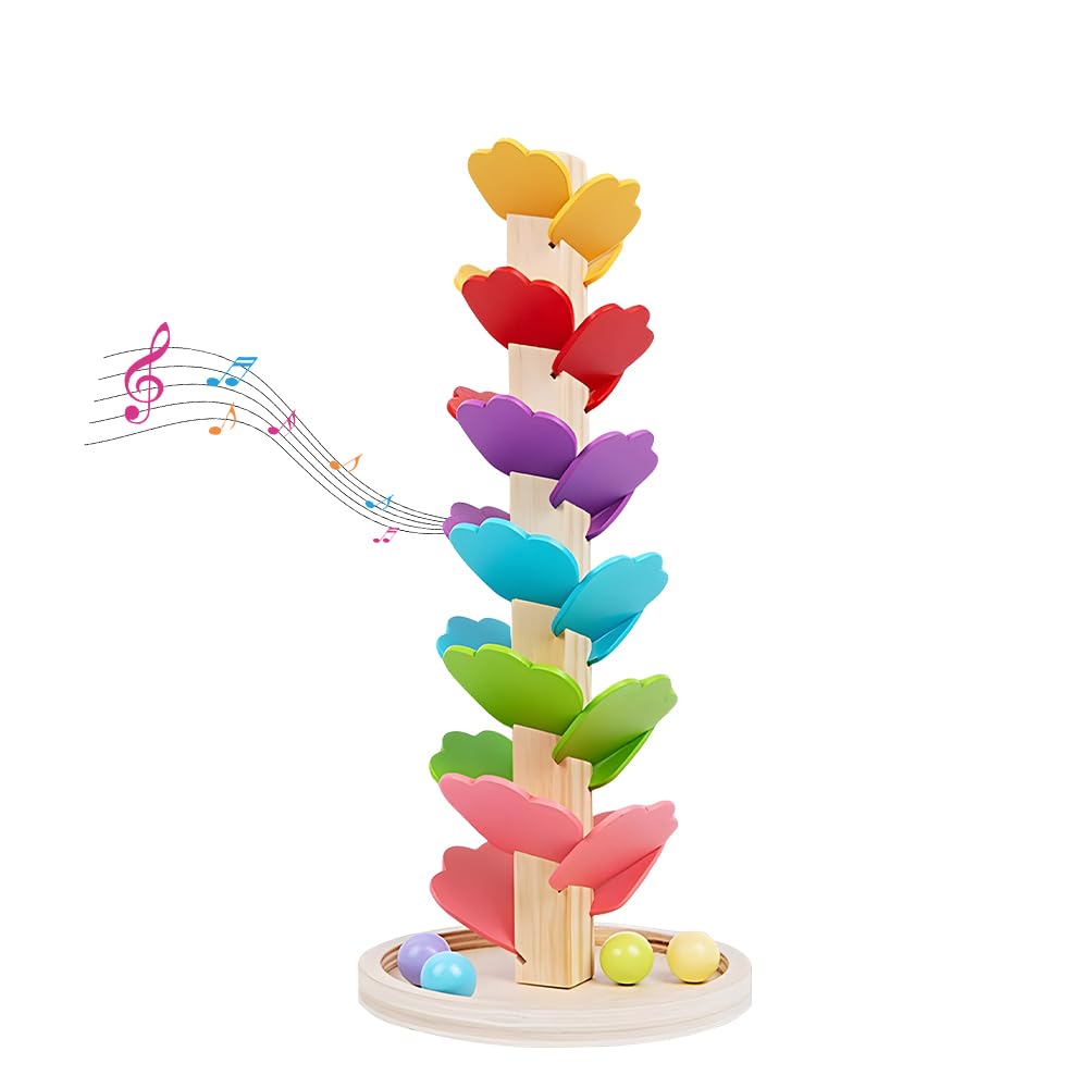 Peldris Music Tree Wooden Marble Run, 1 Base and 4 Rolling Balls, 6 Bright Color Tracks Montessori Educational Toy for Kids 3+, Rainbow Rolling Ball Tower, Colorful Ball Drop Playset for Boys Girls