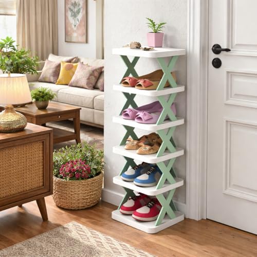 Image of STELITE 5-Layer Plastic Shoe Rack for Home | Stackable & Adjustable Shoe Organizer | Space-Saving Foldable Stand with Shoe & Book Storage Shelves | Green, Medium