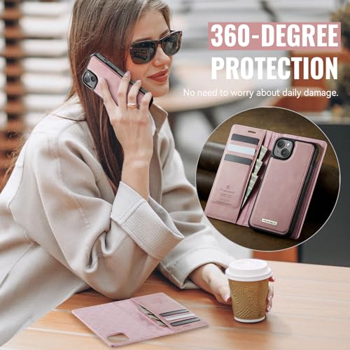 Image of Wallet Case for iPhone 13 Compatible with Magsafe, 2-in-1 PU Leather Flip RFID Blocking Card Holder Stand Shockproof Magnetic Detachable Cover for iPhone 13 Case 6.1 inch, Pink