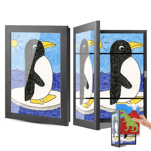 13x9.5 Kids Artwork Frames Changeable, Fits A4 size Drawing, Front Open Wall Mount Kids Art Frame Display with Storage up to 120 pcs (2, Black)
