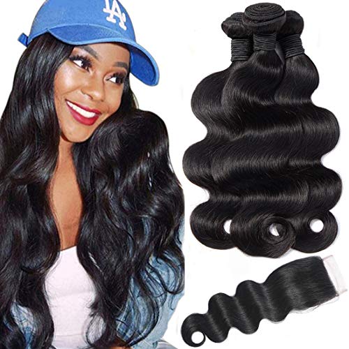 AUTTO Hair Unprocessed Brazilian Body Wave 3 Bundles with Closure (14 16 18+14 Closure,Natural Black) Virgin Brazilian Hair Bundles Weave with Lace Closure Free Part