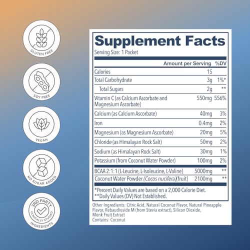 Image of Rookie Wellness Hydration BCAA - Electrolyte and Vegan BCAA Powder with 5g of Branched Chain Amino Acids for Muscle Recovery, Electrolytes & No Sugar Added (30 Servings, Coconut Pineapple)