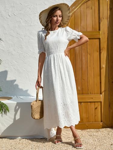 Midi Dress for Women Elegant Dresses Floral Eyelet Puff Sleeve Dress with Cinched Waist Casual Summer Party Dress White2