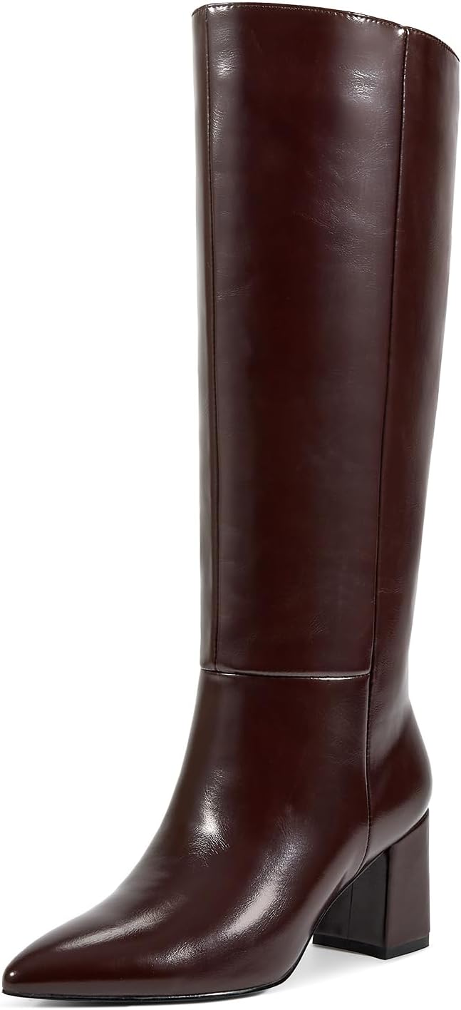 wetkiss Knee High Boots Women Chunky Heel Pointed Toe Tall Pull-On Dress Fashion Fall Long Tall Boot