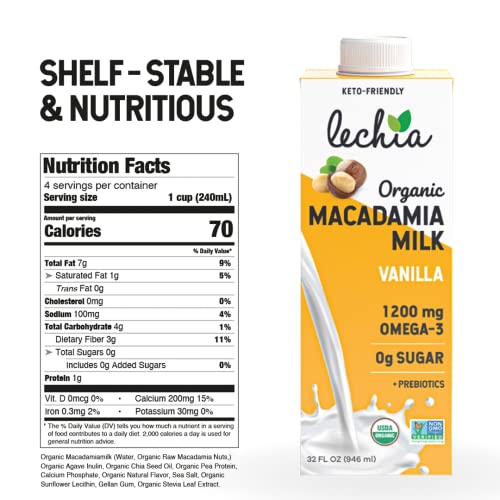 Lechia Organic Macadamia Milk Bundle (2 X 6 Pack), 1200Mg Omega-3, Keto, Non Dairy, Lactose Free, Plant Based, Vegan, Gluten Free, Kosher, Non-Gmo, Shelf-Stable, Low Carb, Zero Sugar, 32Oz #TOP5
