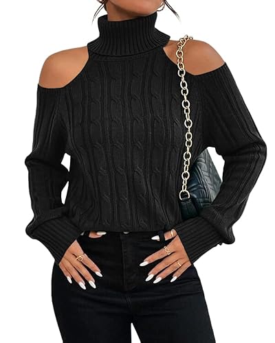 Langwyqu Womens Cold Shoulder Turtleneck Sweaters 2023 Fall Long Sleeve Soft Cable Knit Pullovers Sexy Jumper Tops - X-Large - Black