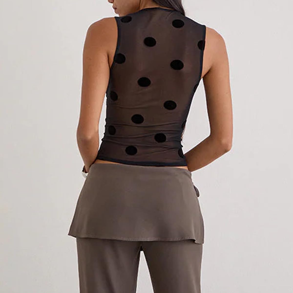 Women’s Y2K Sheer Mesh Polka Dot Top Sexy Deep V Neck Sleeveless Slim Fit See-Through Crop Tank Top Party Clubwear - Image 4