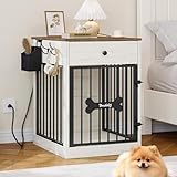 Hzuaneri 24.6'' Dog Crate Furniture with Charging Station, Dog Kennel Indoor with Flip-Top Storage, Wooden Pet Cage Dog House End Side Table for Small Dogs Anti-Chew Anti-Escape, White Brown DFC90114B
