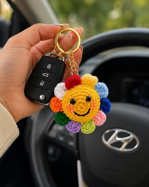 Image of Handmade Crochet Keychain Combo for Girls Women Cute Aesthetic Sunflower Strawberry Watermelon Daisy Knitted Keychain Bag Charm Purse Charm Car Key Ring Backpack Accessories Gift