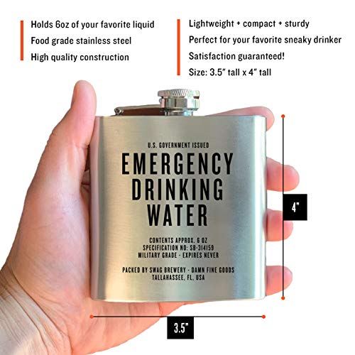 Emergency Drinking Water | Damn Fine Hip Flask | 6Oz Stainless Steel | Funny Snarky Gift For Whiskey, Vodka, Booze And Lovers + Military #TOP4