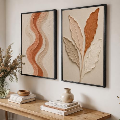 Image of NoWorries Textured Leaf Wall Painting Set of 2 with Frame | Terracotta Beige Abstract Line & Botanical Leaf Artwork, Modern Neutral Nature Wall Decor for Living Room, Bedroom, Office and Home Decoration (Art-12, 10x13inch)