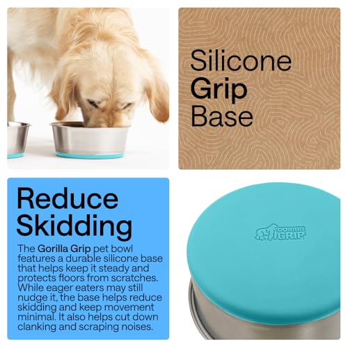 Image of GORILLA GRIP Dog Bowls, Food Grade 304 Stainless Steel Holds 4 Cups Each (32 fl oz) Food and Water Bowl for Feeding Dogs and Cats Dishwasher Safe Rust Resistant BPA Free Rubber Base Set of 2 Turquoise