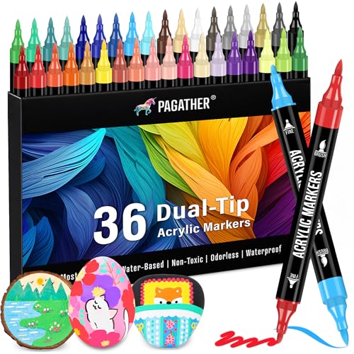 Image of Pagather 36 Colors Acrylic Paint Markers, Dual Tip with Fine Tip and Brush Tip Pens for Fabric, Stone, Wood, Canvas, Ceramic, Metal, Glass, Rock Painting, DIY Crafts