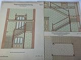  Treppe mit aufgesattelten Stufen. Vordere Ansicht, Blatt 4 - Seitenansicht und Schnitt zu Blatt 4 (sowie Grundriss). 2 Blätter, (Kl. II, Lemgo im Mai 1899) - Kolorierte Entwürfe von H. Hilse (Hannover