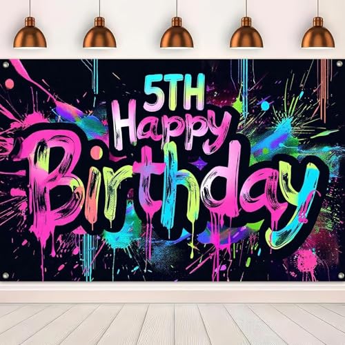 Image of HOMETITUTE Neon 5th Happy Birthday Banner 71x43 Inch Paint Splatter Glow in The Dark Party Backdrop Colorful Wall Decor for Kids Boys Girls Fifth Birthday Celebrations Booth Props and Event Supplies