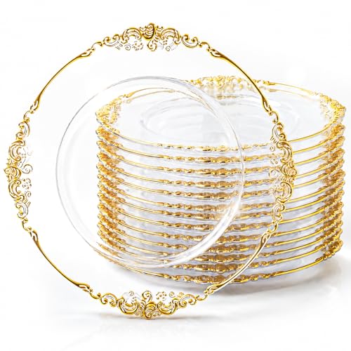 Jowwcen 12 Pcs Baroque Plastic Charger Plates with Gold Rim, 14" Vintage Clear Dinner Charger Dessert Plates, Round Lace Serving Plate for Wedding Party, Catering, Tabletop Decor, Floral Trim