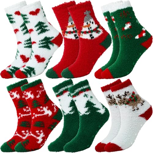 YOGINGO 6 Pairs Christmas Socks Women - Fuzzy Christmas Socks Colorful Warm Slipper Socks for Women