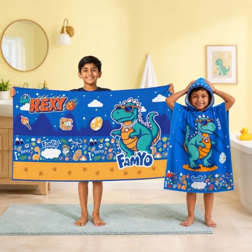 Image of Famyo Kids Hooded Poncho Towel and Microfiber Kids Bath Towels Combo for Boys & Girls | Ultra Soft Quick Dry Super Absorbent Beach, Bath & After Shower Towel | Baby Towel for Boys and Girls, Blue