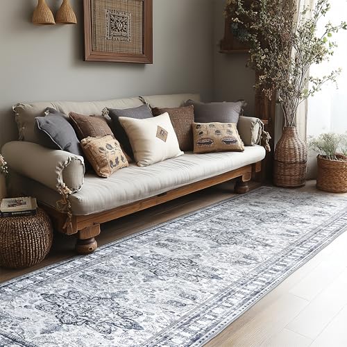 Image of 2x10 Runner Rug Non Slip Washable Bedside Laundry Room Floor Rug Low Pile Water Repellent Soft Distressed Carpet for Kitchen Living Room Bathroom Entryway(Grey,2x10ft)