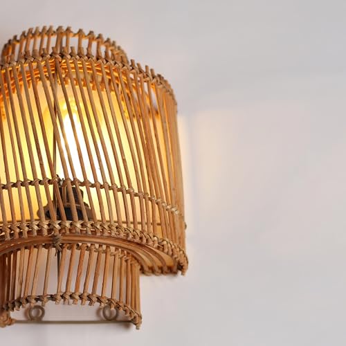 Image of Habere India-All the Cultures Fabricating India Wall Mount Lamps for Bedroom | Bedroom Lights for Wall | Lamp for Living Room | Rattan Lamp - (M: 30 * 25 * 14 cm)