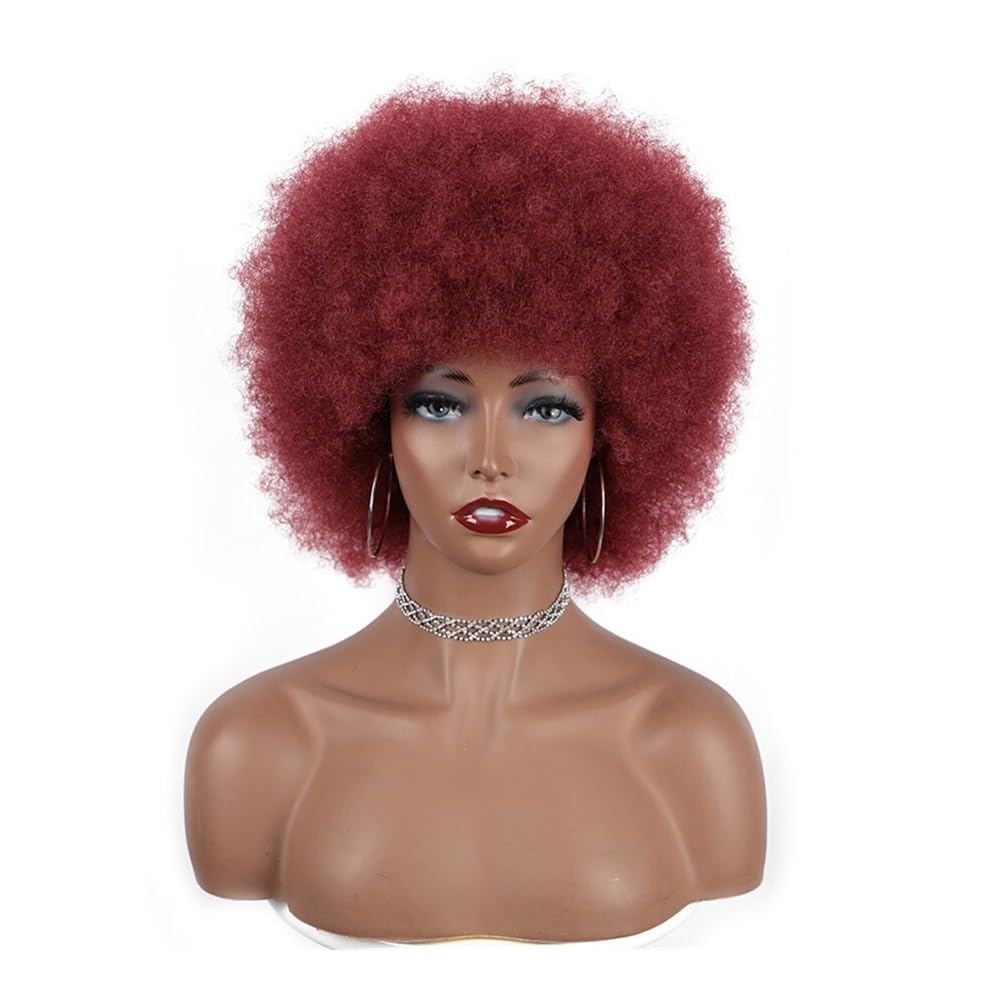 Peruka z ludzkich włosów afro z krótkimi kręconymi włosami, 6 cali, bez kleju, gotowa do noszenia, do cosplay w stylu lat 70. i codziennego użytku, bordowa peruka