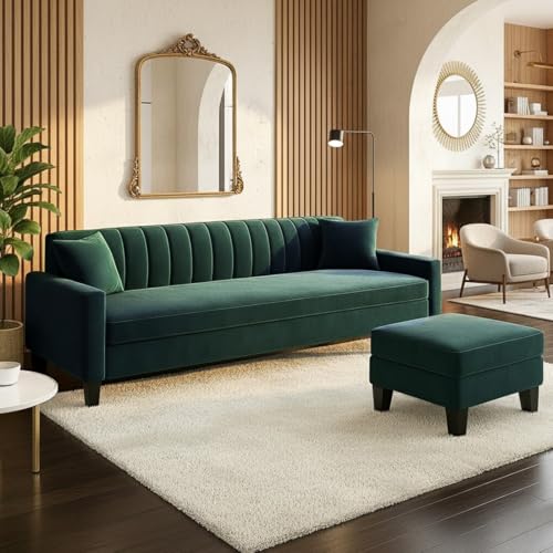 Image of Furny Aveira 4 Seater Fabric Sofa Set with Ottoman (Teal Green) | Soft Velvet Fabric | Modern Design | Comfortable Seating | Living Room Furniture