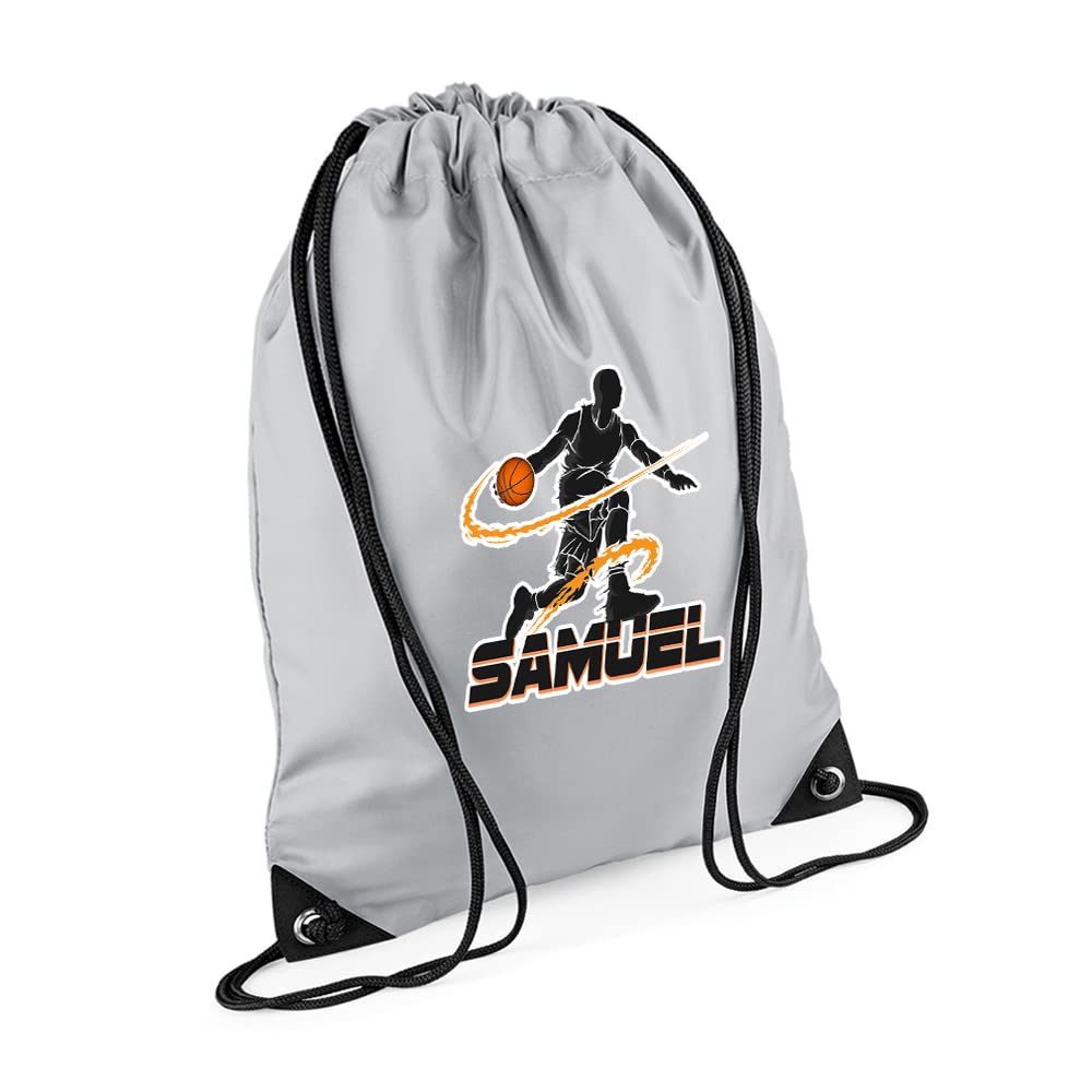 Personalised Basketball Player ANY NAME Sports Lover Gift for Men, Boy, Friend, Birthday present Drawstring Bag, PE Gym Kit Swimming, Sport Rucksack. (Light Grey) — image 1