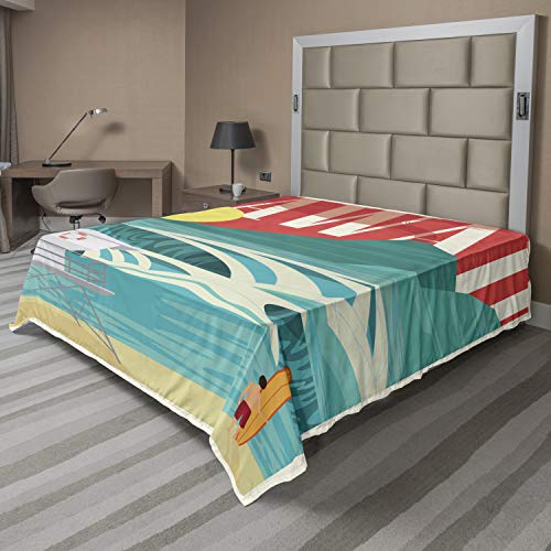 Ambesonne Hawaiian Flat Sheet, Hawaii Sandy Coastline Sunny Day Surfboard Tropics Famous Honeymoon Destination, Soft Comfortable Top Sheet Decorative Bedding 1 Piece, California King, Sand Teal