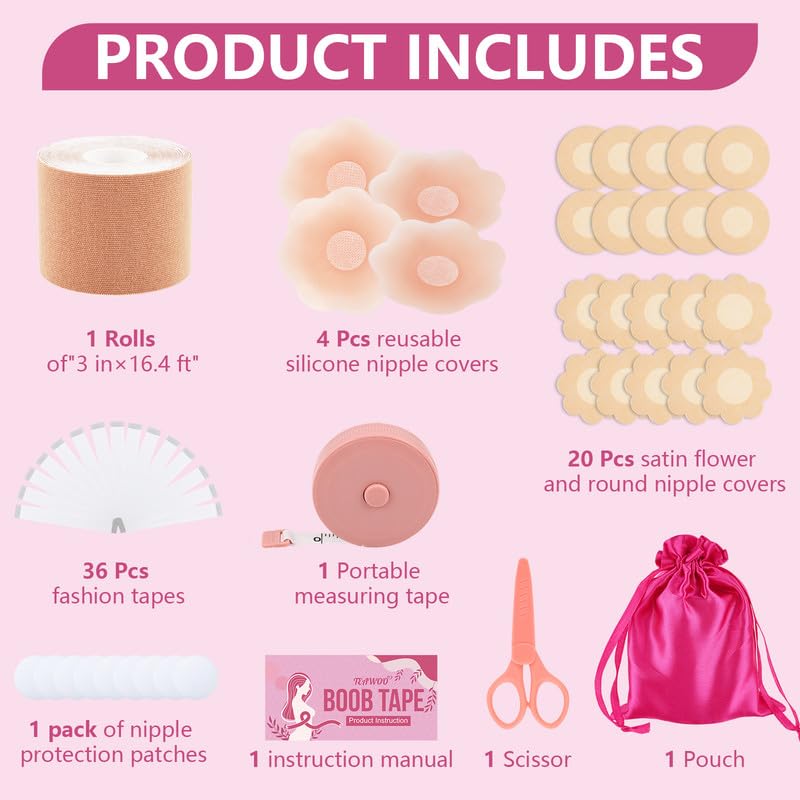 Image of TEAWOO Boob Tape Kit, Breast Lift Tape with Nipple Covers & Double Sided Tape, for A‑G Cup Sizes