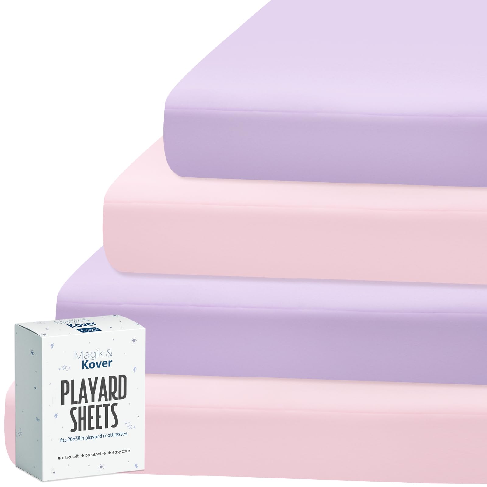 Pack and Play Sheets Fitted 4 Pack, Breathable Baby Playard Mattress Sheet Compatible with Graco Pack n Play, Mini Crib Sheets Fitted for Girls, Pink & Purple Playpen Mattress Sheets