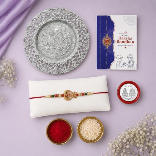 Image of Oblivion Ethnic Multicolor Birds Rakhi Combo for Brother Bhaiya Bhai with Thali, Roli Tikka, Silver Color Pooja Coin & Greeting Card | Traditional Thread Bracelet | Raksha Bandhan Gift Set | Pack of 5