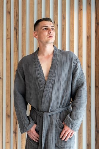 Image of Muslin Unisex Bathrobe Women & Men, 100% Cotton Kimono Lightweight Robe | Long Robes Soft, Absorbent, Spa robes