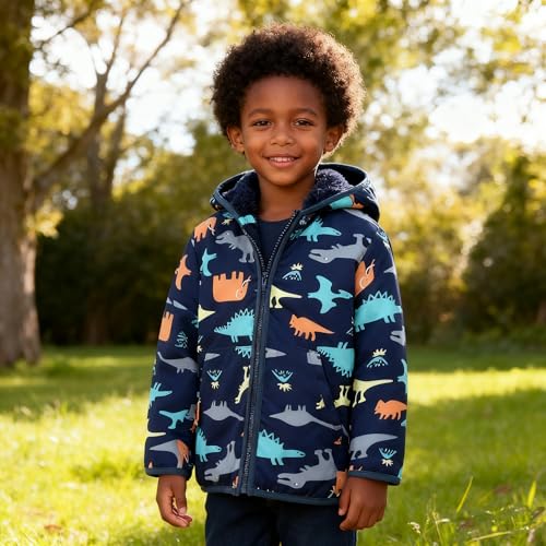 Feidoog Toddler Fleece Jacket Baby Boys Girls Hooded Waterproof Zipper Long Sleeve Thick Warm Outerwear,DinosaurB,5-6T