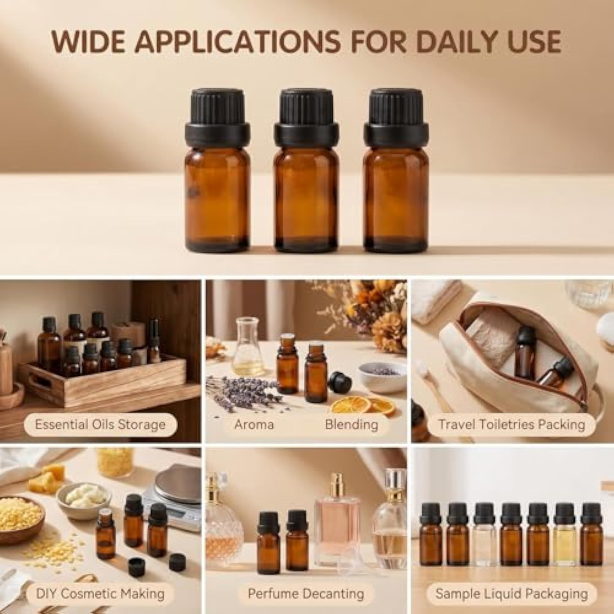 6pcs Refillable Empty Amber Glass Essential Oil Bottles