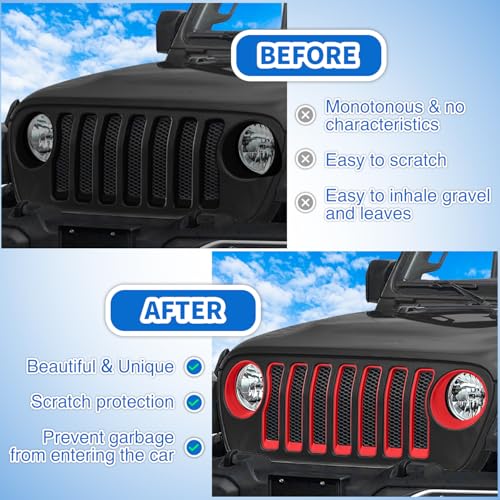 Image of Nilight Grill Inserts fit for Jeep Wrangler Front Grille Inserts Headlight Cover Set for JL JLU Unlimited Sport SportS 2018 2019 2020 2021 2022 2023 Grille Bezels Trim Exterior Accessories Red 9 Pcs