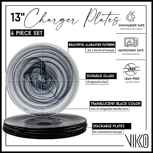Miniatura 2 de Vikko Platos cargadores, juego de 6 platos llanos de alabastro negro, plato de 13 pulgadas con diseño marbelizado, diseño de remolino, elegante