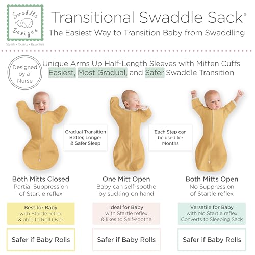 Image of SwaddleDesigns Transitional Swaddle Sack, Arms Up Half-Length Sleeve & Mitten, Most Gradual Transition Swaddle for Newborn