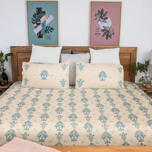 Image of Shaadab Premium Hand Block Printed Bedsheet | Bed Sheet Flatsheet | Pure Cotton | Double Bed King Size 108 inchx108 inch | 300 TC Bedsheets | Includes 2 Pillow Covers | Flower Spread