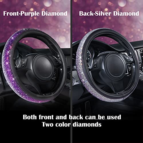 Image of CAR PASS Bling Diamond Leather Steering Wheel Cover, Bling Sparkly Crystal Glitter Rhinestones Universal Fit 14 inch 1 /2-15 inch Car Wheel Protector for Women Girl Fit Suvs,Vans,Sedans,Trucks, Purple Silver