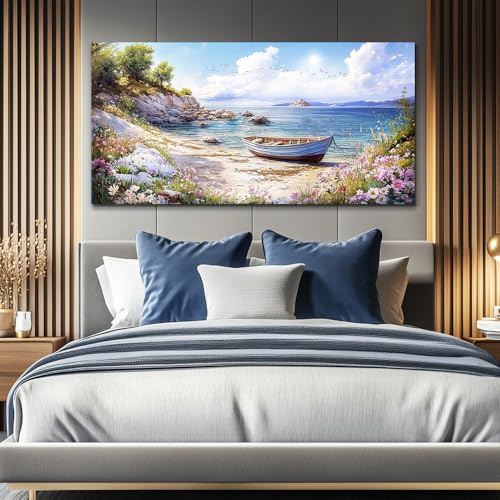 QIYILEXWART Canvas Wall Art For Living Room Wall Decor For Bedroom Office Wall Decoration Seaside Landscape Painting Boat Pictures Artwork Room Aesthetic Home Decor 20x40 In