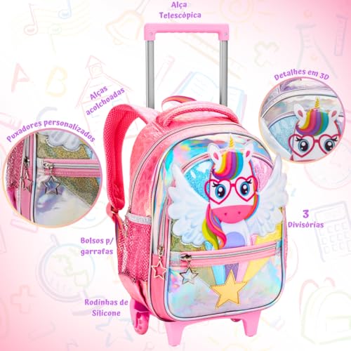 Kit Mochila Rodinha Feminina Infantil Lancheira Térmica Estojo Unicórnio Menina