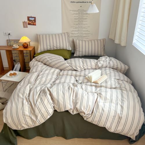 Image of Striped Duvet Cover Full Size Beige Grey Green Stripes Bedding Set 3pcs Vertical Ticking Stripes Pattern Soft Lightweight Microfiber Comforter Cover Set with Zipper Closure and 2 Pillowcases