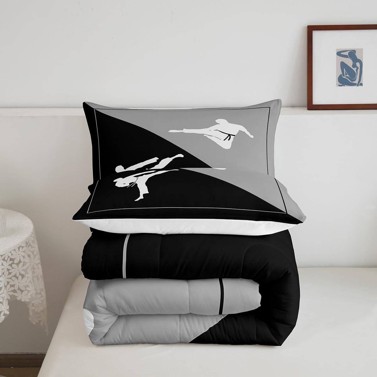 Castle Fairy Taekwondo Full Size Comforter Set,Japanese Sports Bedding Set for Adults Teens,Children Black Gray White Comforter Luxury Kungfu Quilt Set Room Decor 3Pcs