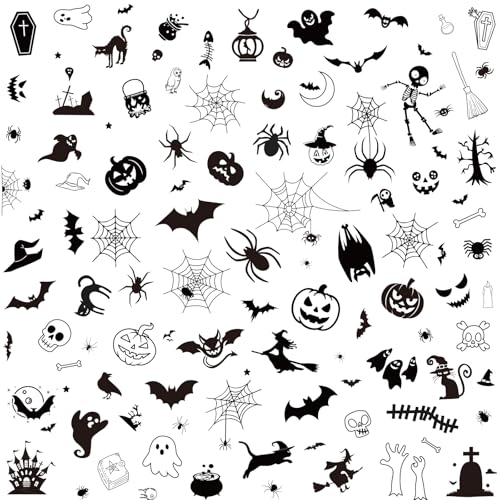 XZENTIRA 182PCS Halloween Temporary Tattoos for Kids & Adults 15 Sheets Waterproof Fake Tattoos with Black Bats Spiders & Skeleton Prints Trick or Treat Party Favors Kids Gifts