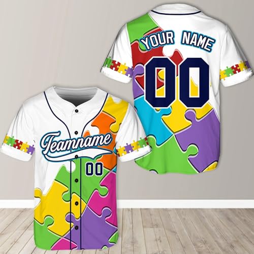 Playera personalizada de béisbol con conciencia de autismo, nombre personalizado, diseño de rompecabezas, apoyo y guerrera de autismo negra miniatura 3