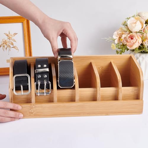 PH PandaHall Gürtel Organizer Box Aus Bambus Mit 6 Trennwand Stabile Vitrine Aus Holz Für Herrengürtel Vielseitiger Gürtelständer Gürtelbehälter Aufbewahrungshalter Für Den Schrank Und Schublade